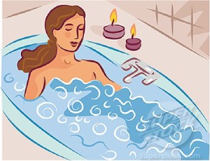 Illustration of a woman relaxing in a bubble bath by candlelight